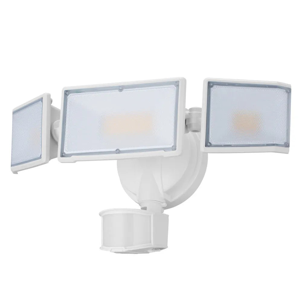 White LED security flood light with motion sensor mounted on an outdoor wall.