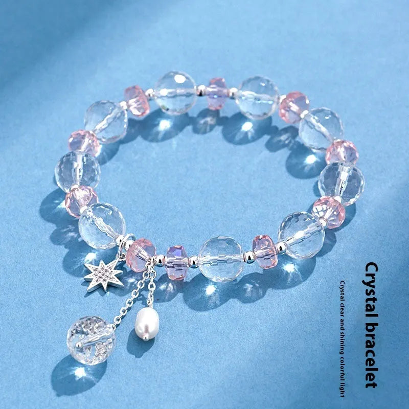 White crystal women's bracelet with lucky cat charm and adjustable electroplated design