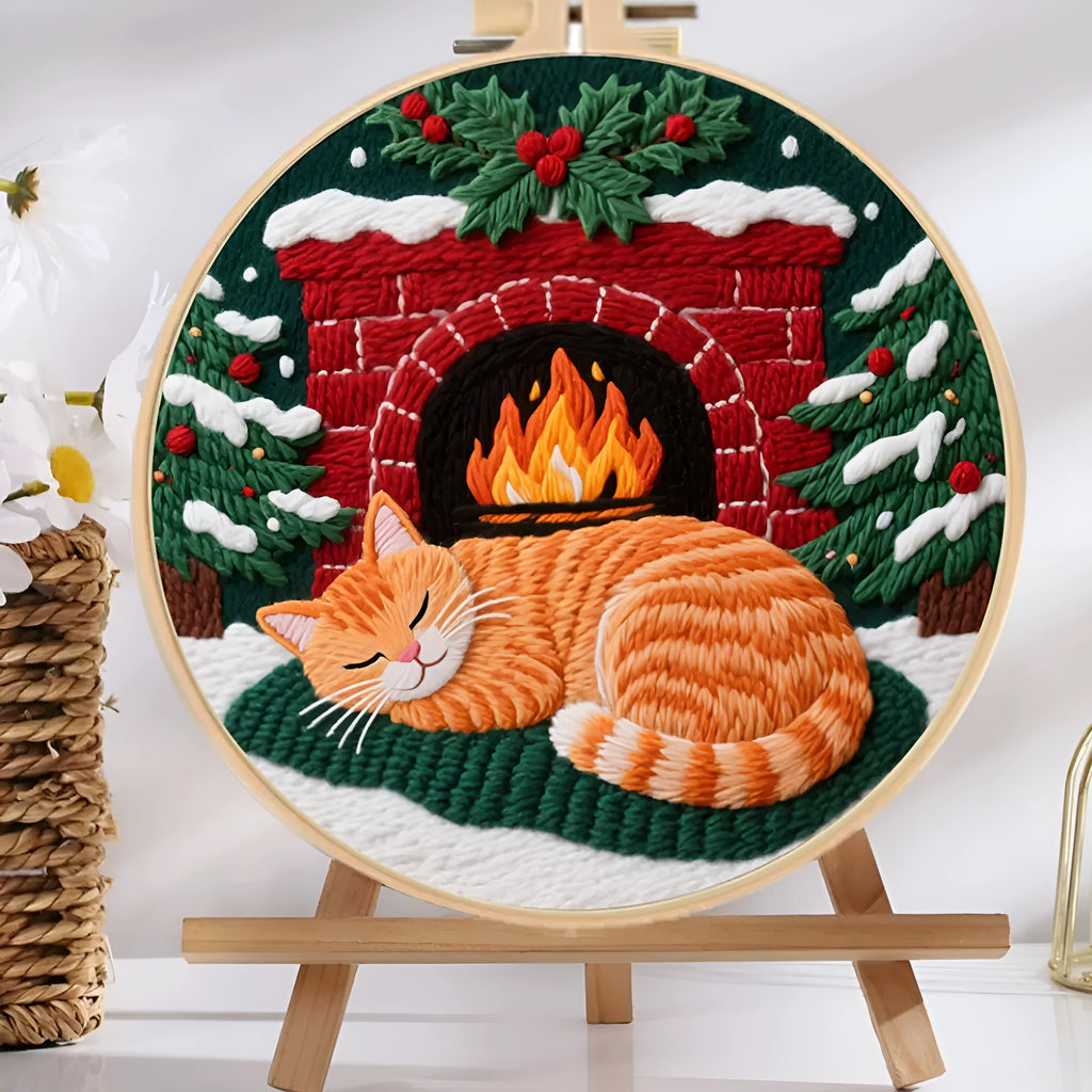 Embroidery kit with 20cm imitation bamboo frame, scissors, and autumn fruit design cotton linen fabric