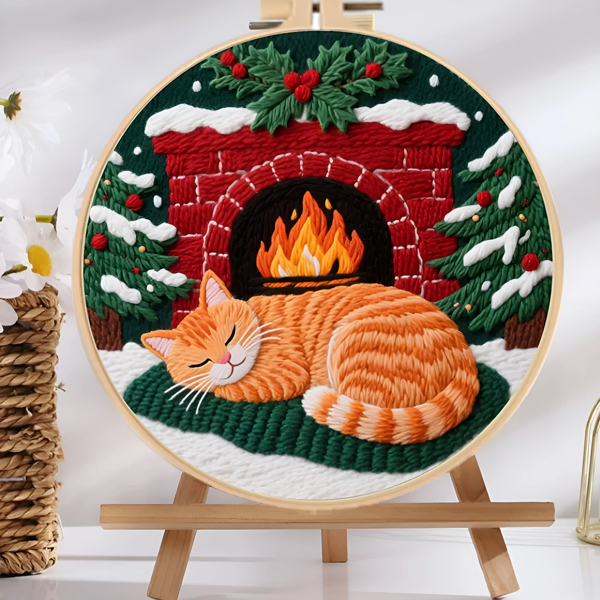 Embroidery kit with 20cm imitation bamboo frame, scissors, and autumn fruit design cotton linen fabric
