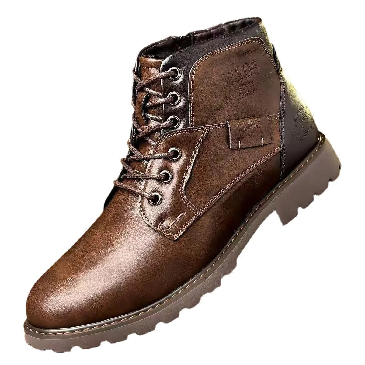 Brown men's ankle boot with a side zip, round toe, and rubber sole on a plain background.