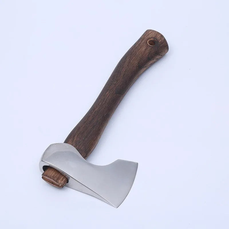 Camping axe with high carbon steel head and wooden handle showing 250mm length