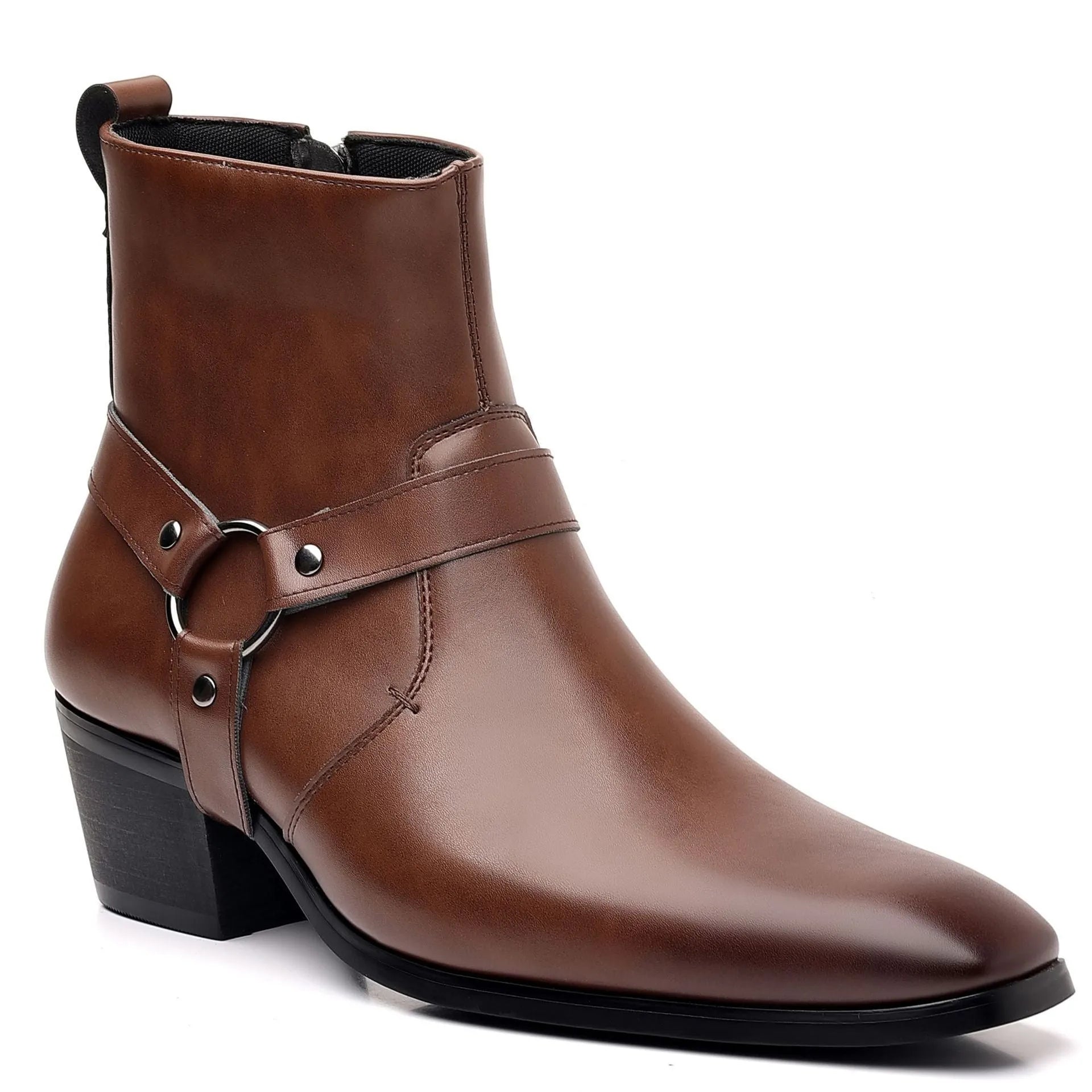 Side view of a black unisex boot with a square toe, side zip, and decorative rivets on a block heel.