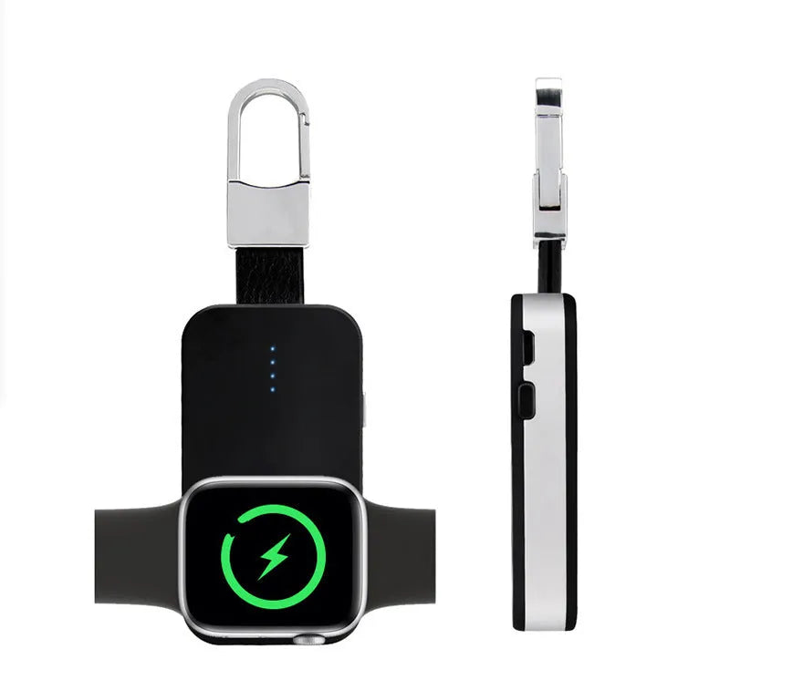 Black keychain-sized wireless power bank for Apple Watch on a keyring.