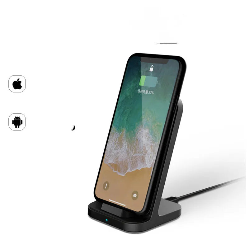 Dark grey vertical wireless charging base for Apple iPhones on desktop