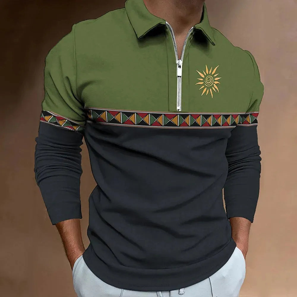 Men's striped loose-fit long sleeve t-shirt with retro colour printing and zipper detail on sleeve.