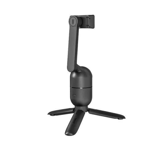 Black mobile phone bracket with face-following and PTZ tripod, shown folded and unfolded.