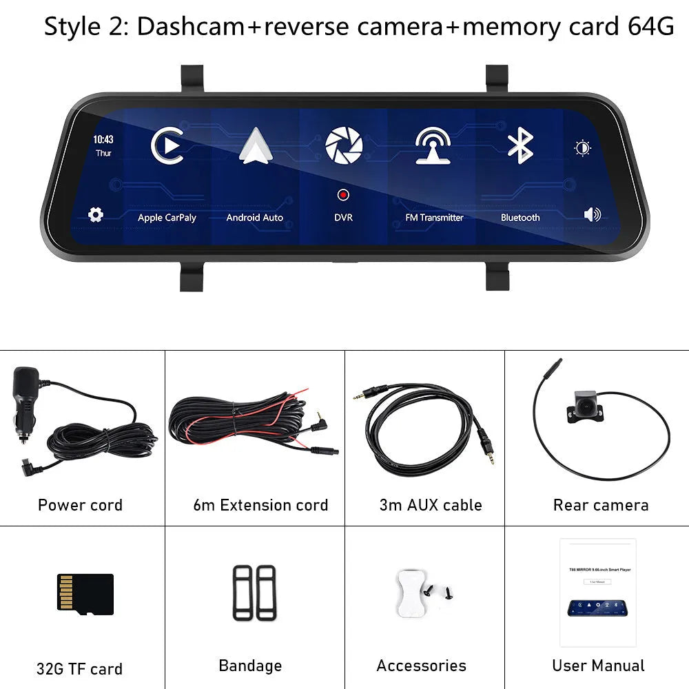 9.66 inch mirror-mounted car dash cam with rear view camera displayed with 64GB memory card and installation kit