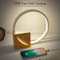 Navy blue wooden finish touch control bedside lamp with digital alarm clock display and natural sounds.