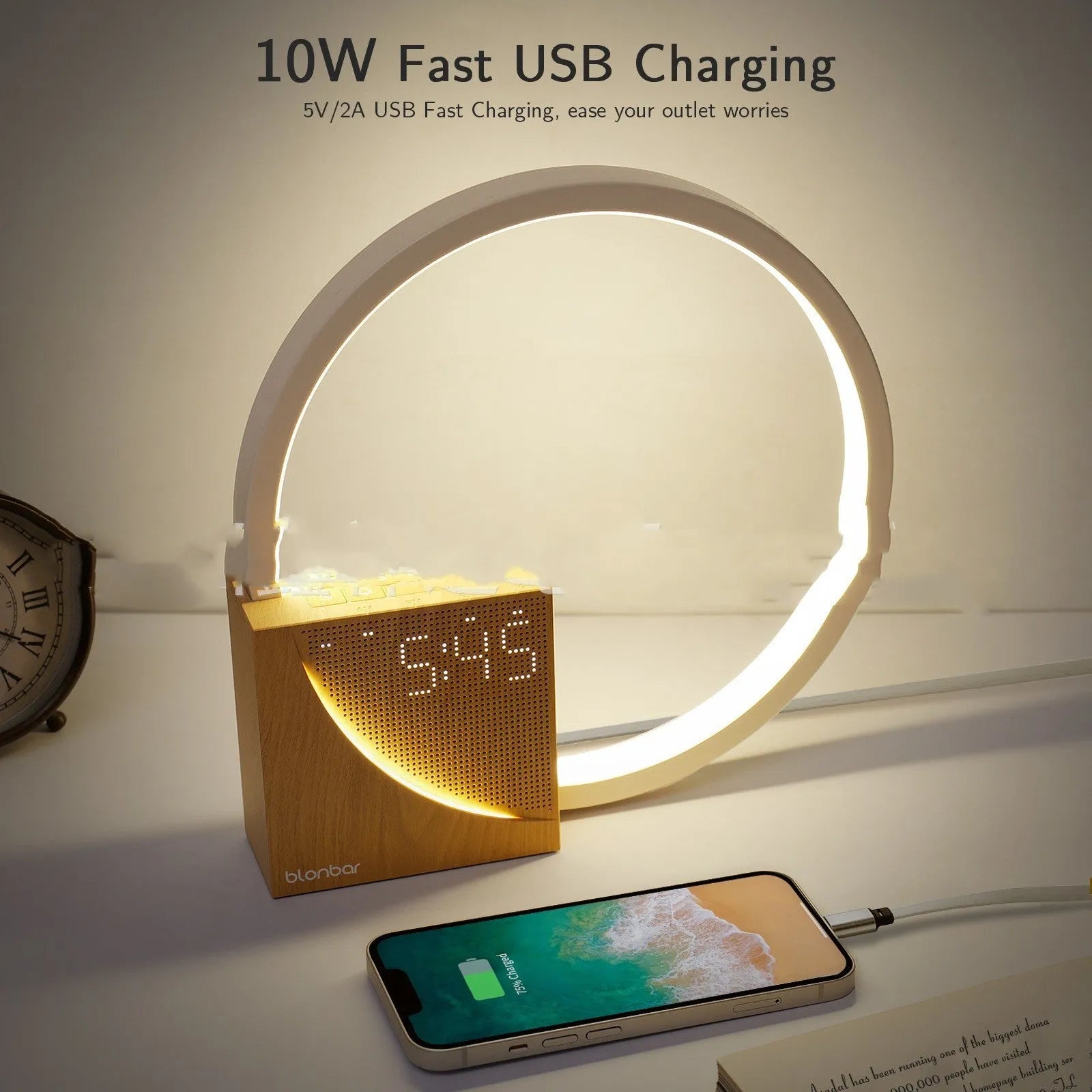 Navy blue wooden finish touch control bedside lamp with digital alarm clock display and natural sounds.