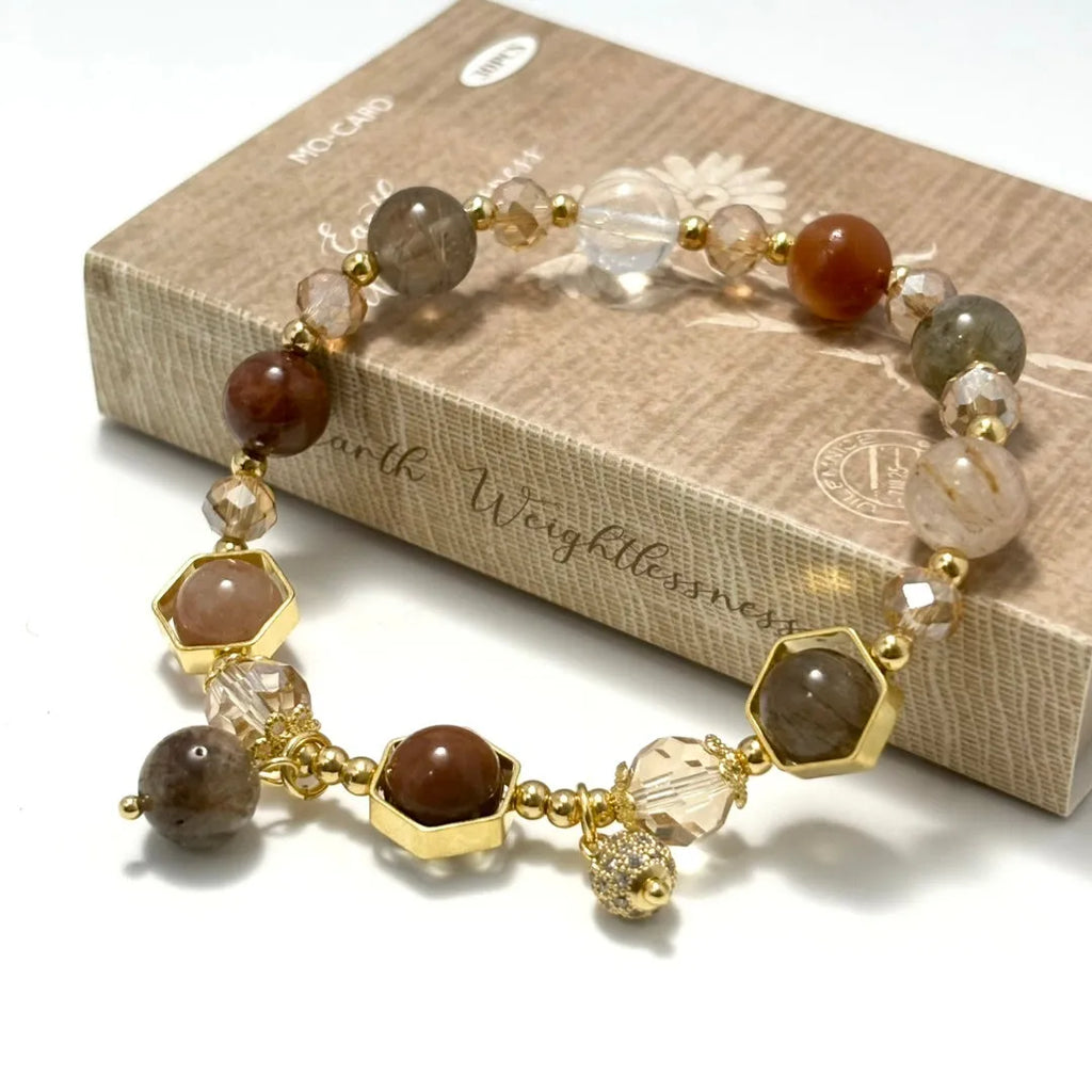 Gold luxury bracelet with 8mm crystal beads featuring constellation modelling and auspicious symbol ornaments