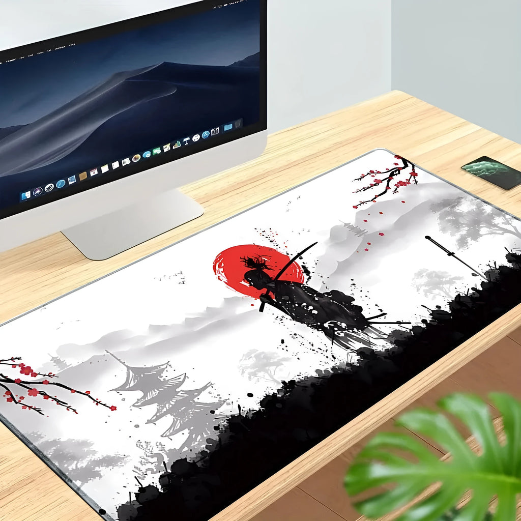 Japanese Samurai design gaming mouse pad on desk with cloth surface and non-slip base