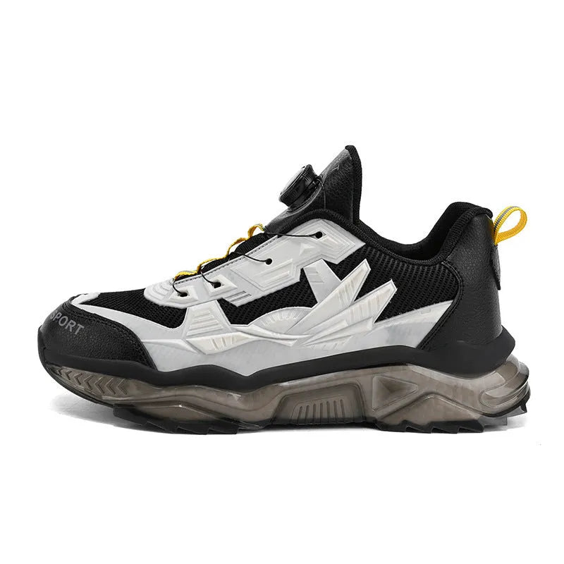 Men's black mesh casual shoe with rotating button fastener and platform sole.