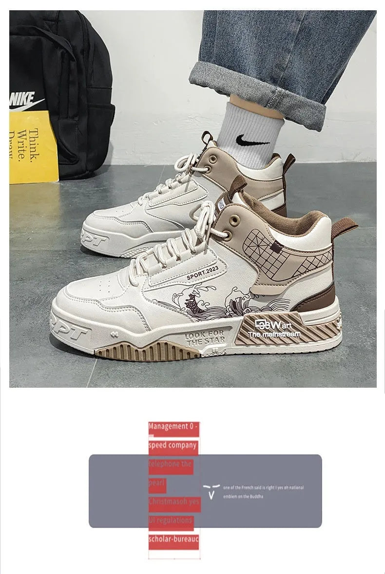 Men's beige high-top board sneakers with lace-up front and rubber sole.