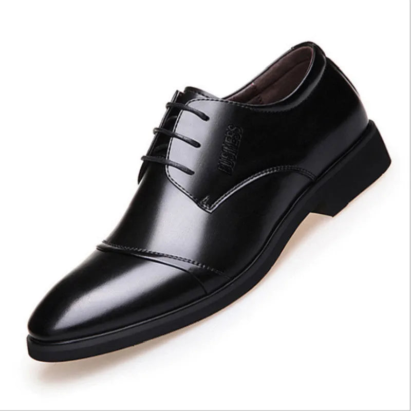 Men's black formal lace-up leather shoes with stitching detail, shown on a white background.