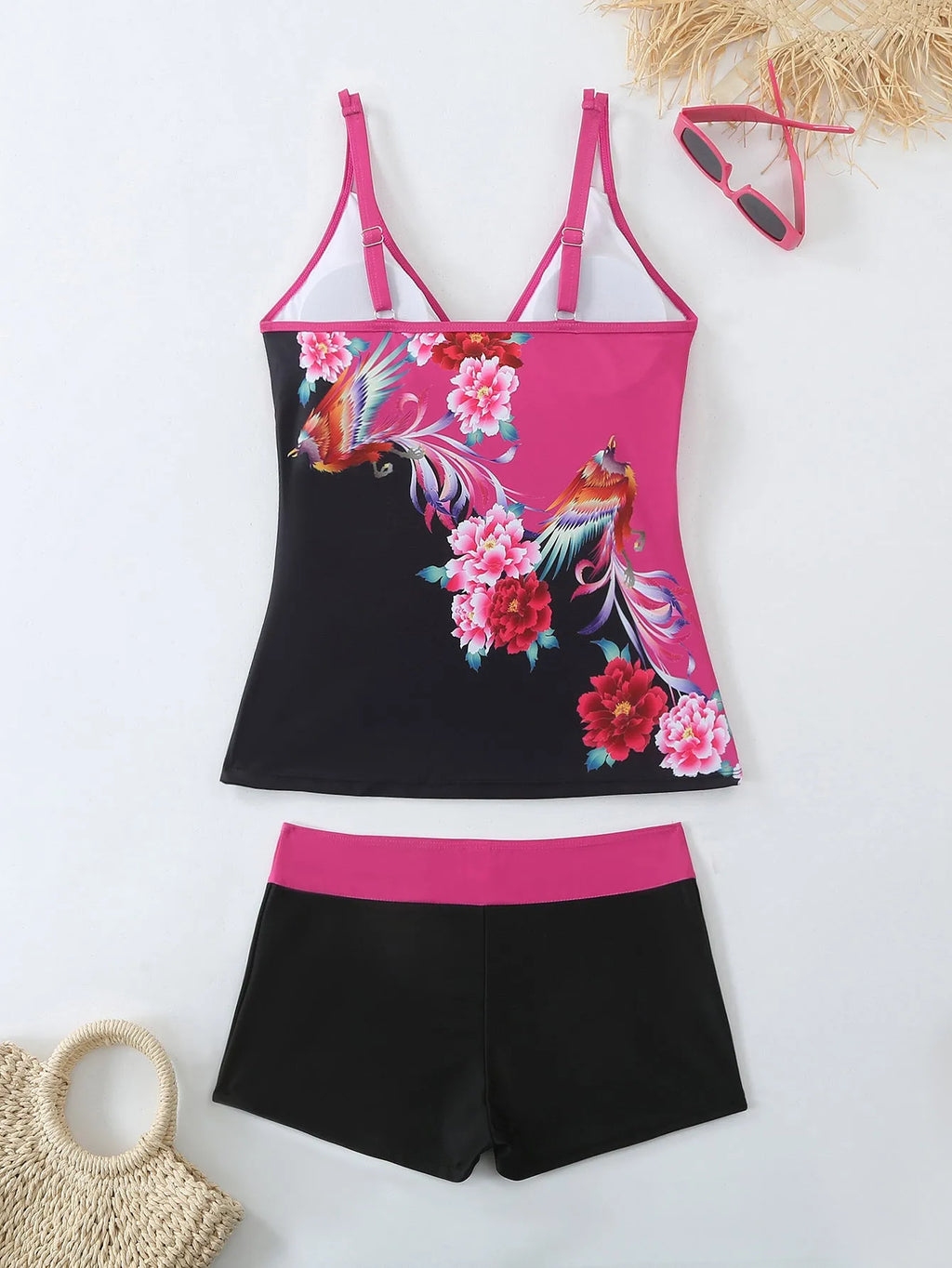 Plus size women's swimsuit set in black or rose red with cotton lining and polyester fabric