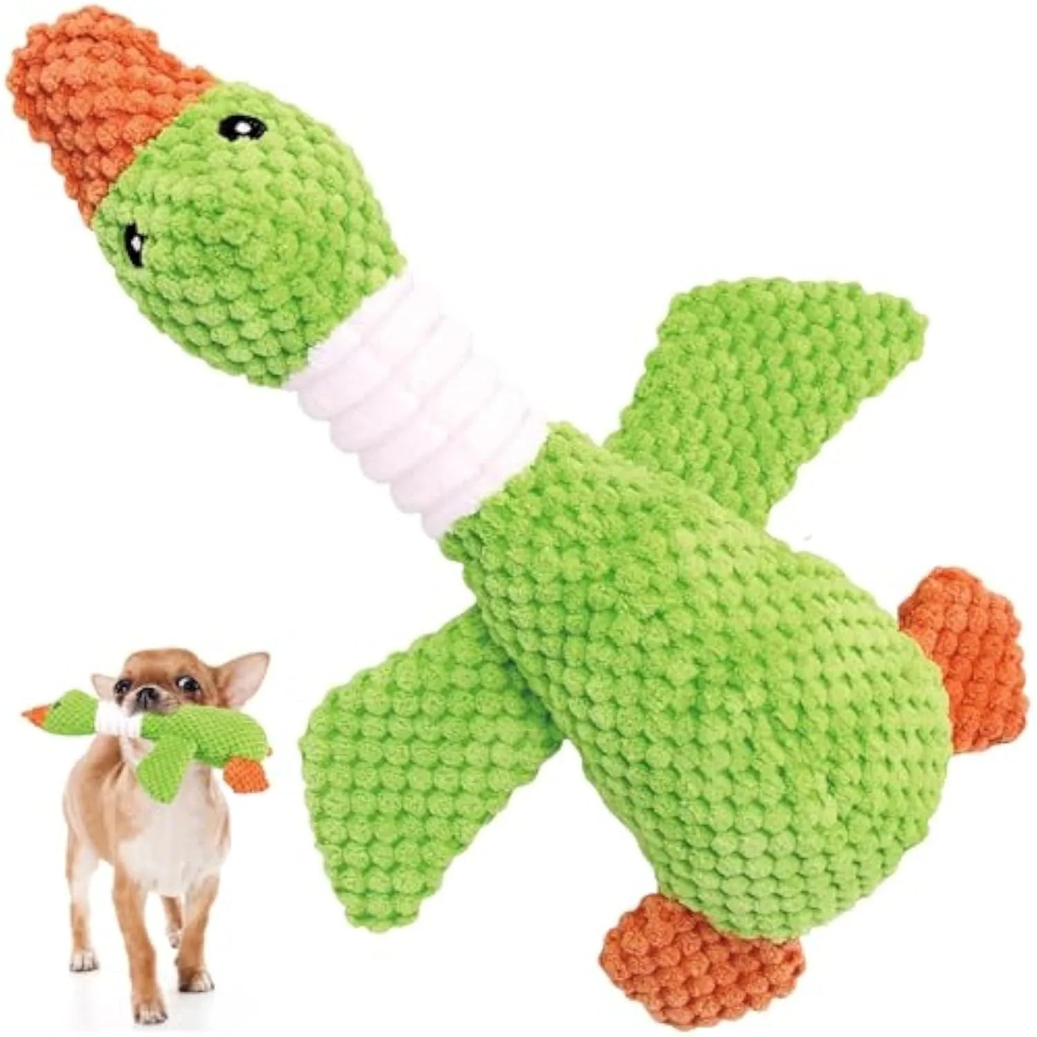 Blue duck-shaped dog plush toy with squeaker on a plain background