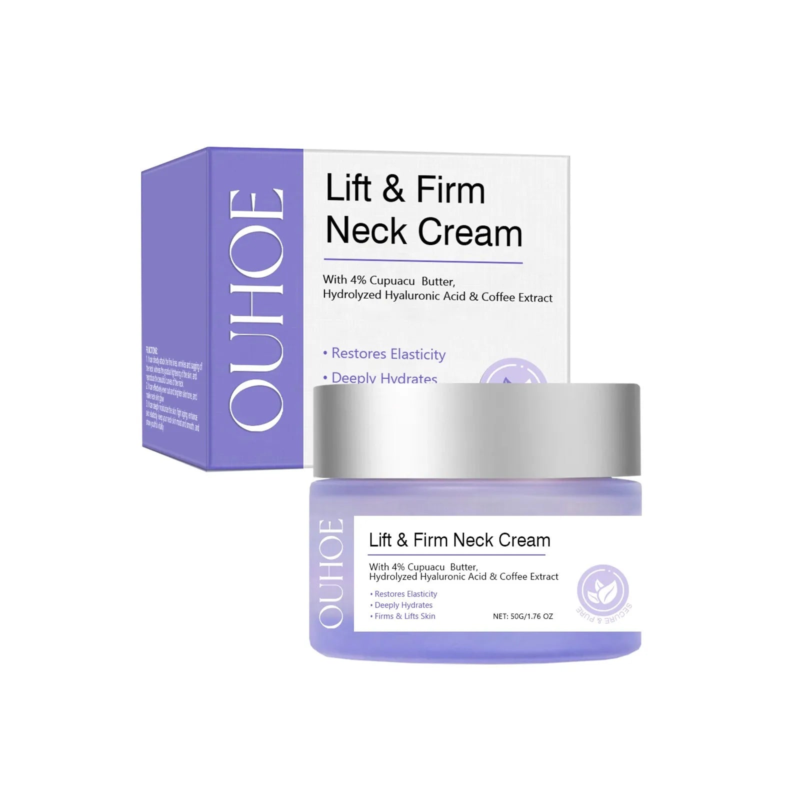 50g neck skin cream jar with hyaluronic acid and coffee extract for moisturising and firming