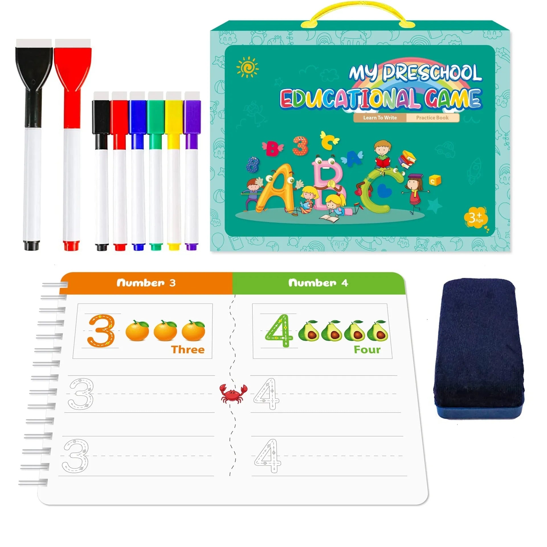 Montessori children's handwriting practice book set with erasable pens and reward stickers in a cardboard gift box