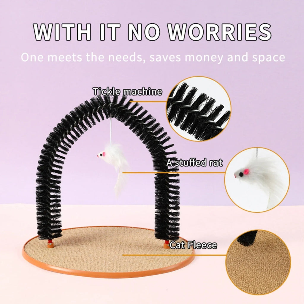 Black arch-shaped cat scratching post with grooming brush surface and attached plush mouse toy