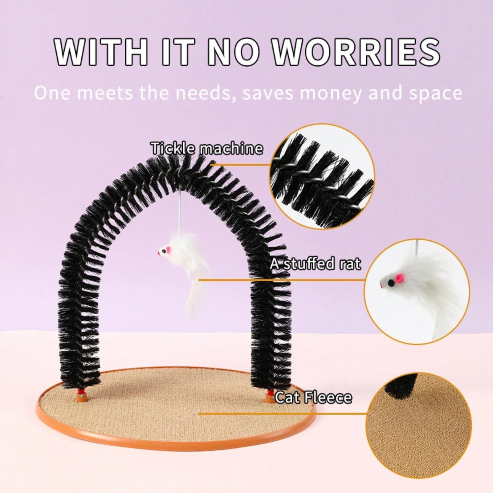 Black arch-shaped cat scratching post with grooming brush surface and attached plush mouse toy