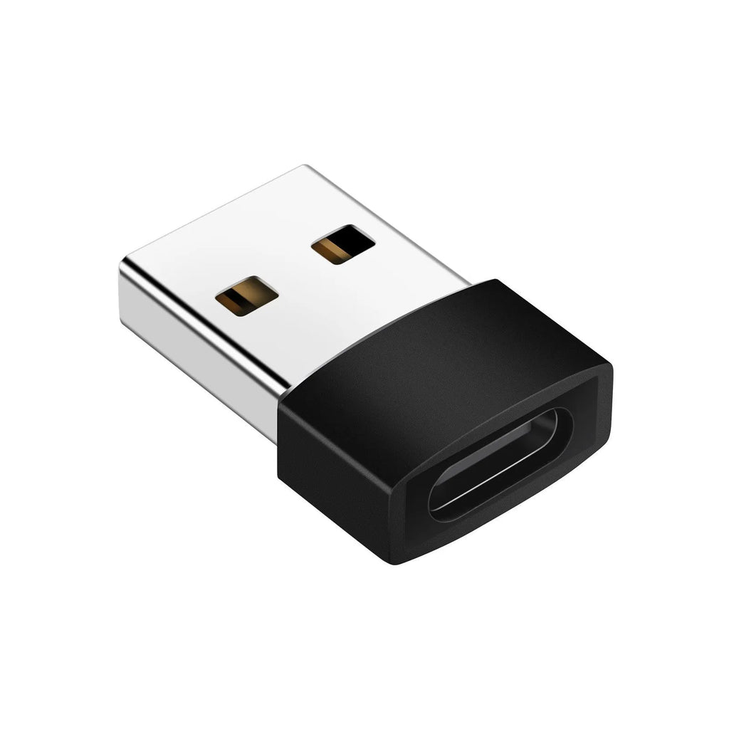 USB to Type-C adapter showing Type-C female and USB male connectors in black or silver finish