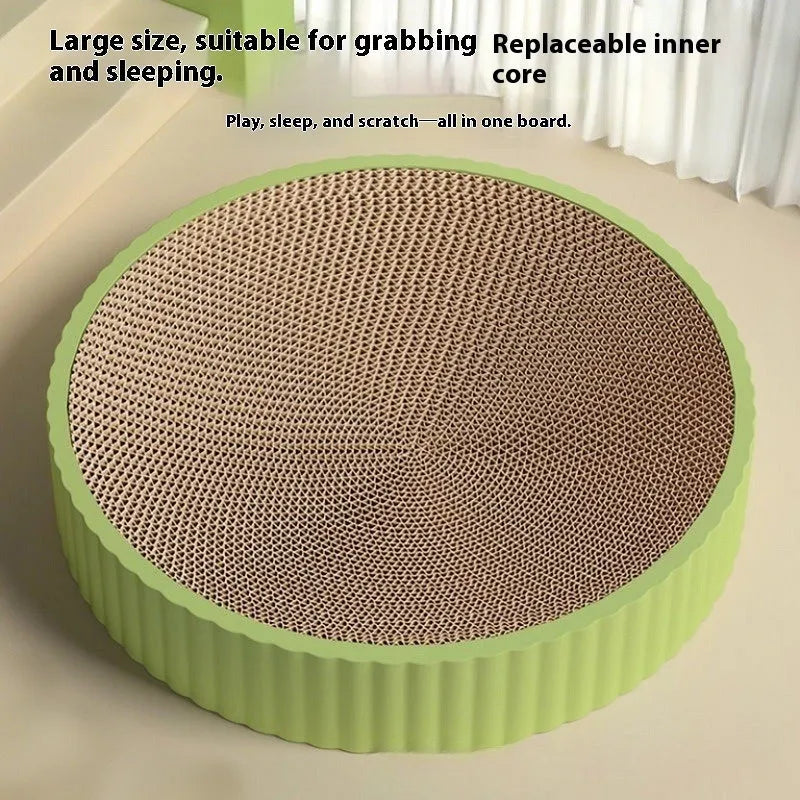 Round green corrugated paper cat scratching board and nest with two replacement refills