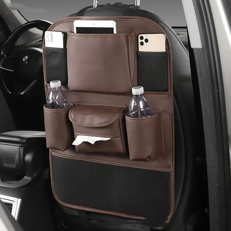 Genuine leather car seat back storage bag hanging from vehicle seat