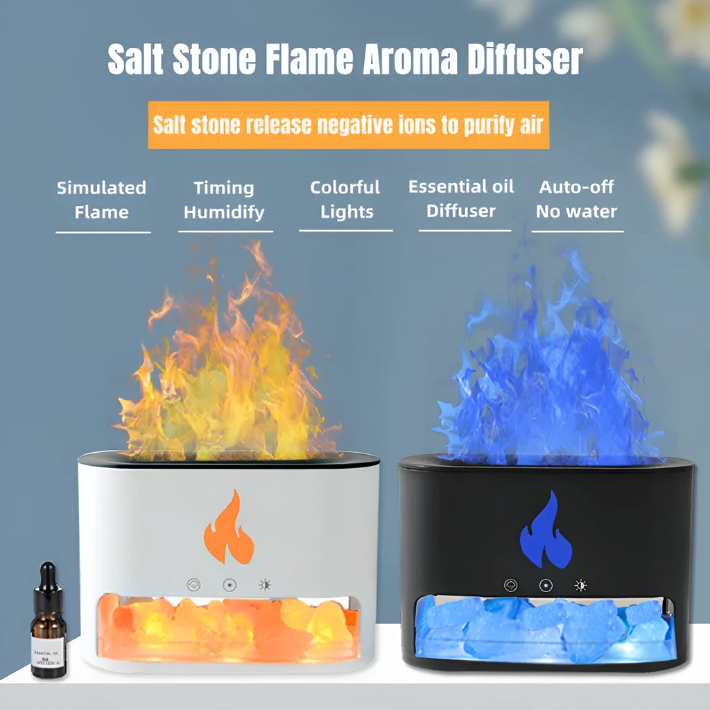 Square white desktop humidifier with a simulated 3D colourful flame light effect and a crystal salt stone.