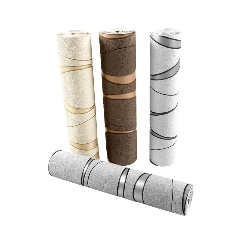 Close-up of textured curve stripe pattern on dark brown 3D decorative wallpaper roll.