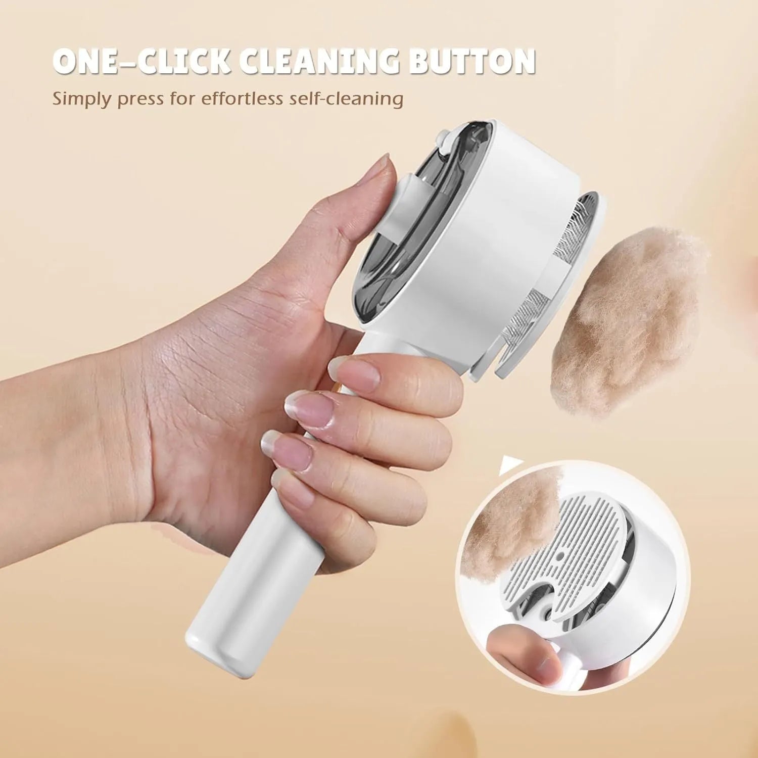 Pink and white cat steam grooming brush with mist spray function and stainless steel comb.