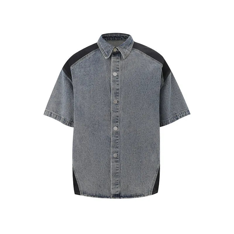 Retro denim suit with short-sleeved jacket and trousers in a washed finish.