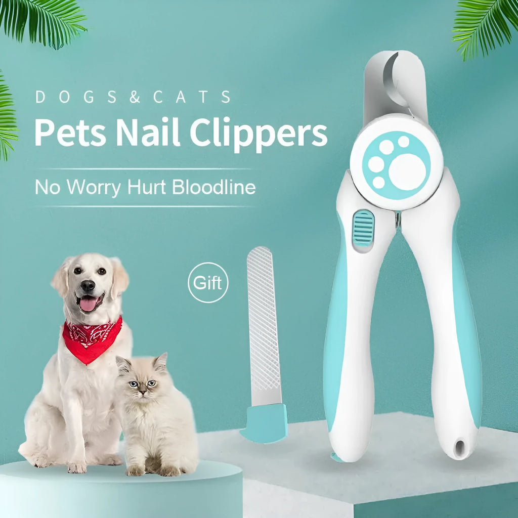 Blue and white pet nail clippers with ergonomic handles and a safety lock, shown with a nail file.