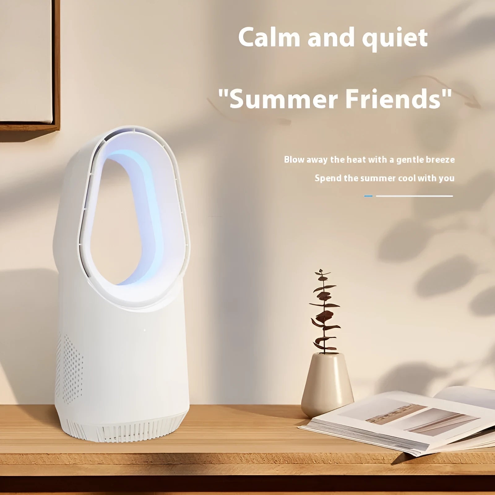 White SK bladeless tower fan with touch screen controls, suitable for floor or desktop use