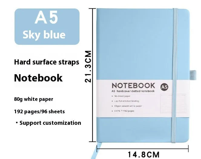 A5 office diary with hand skin feeling PU leather cover and strap closure, open to show horizontal line pages.