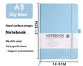 A5 office diary with hand skin feeling PU leather cover and strap closure, open to show horizontal line pages.