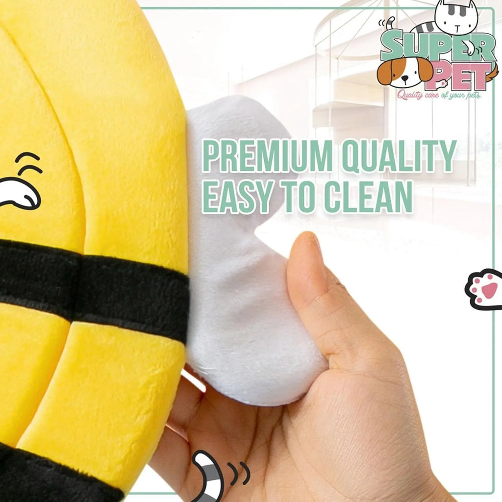 Soft grey cat cone collar with black velcro strap and a cute yellow bee design on the front.