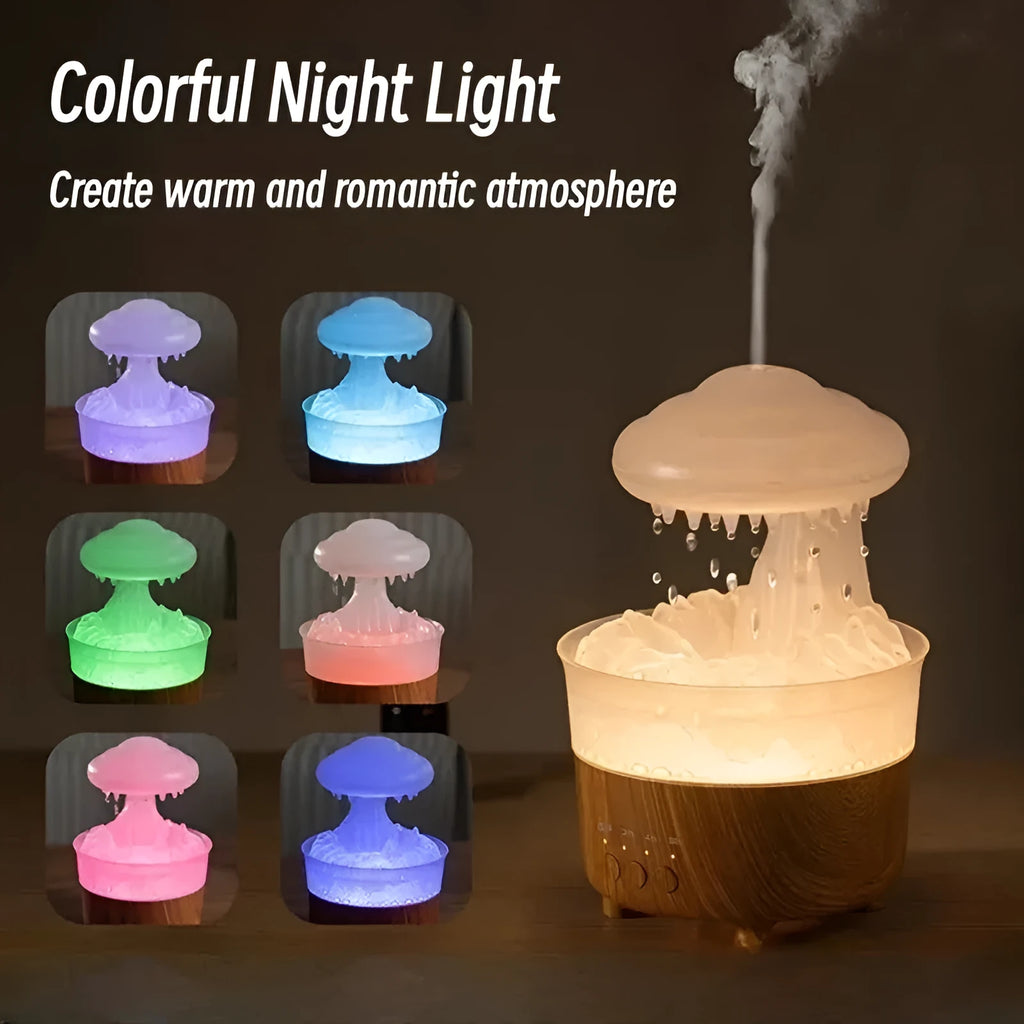 Rain cloud shaped humidifier with wood grain finish and LED night lights in column design