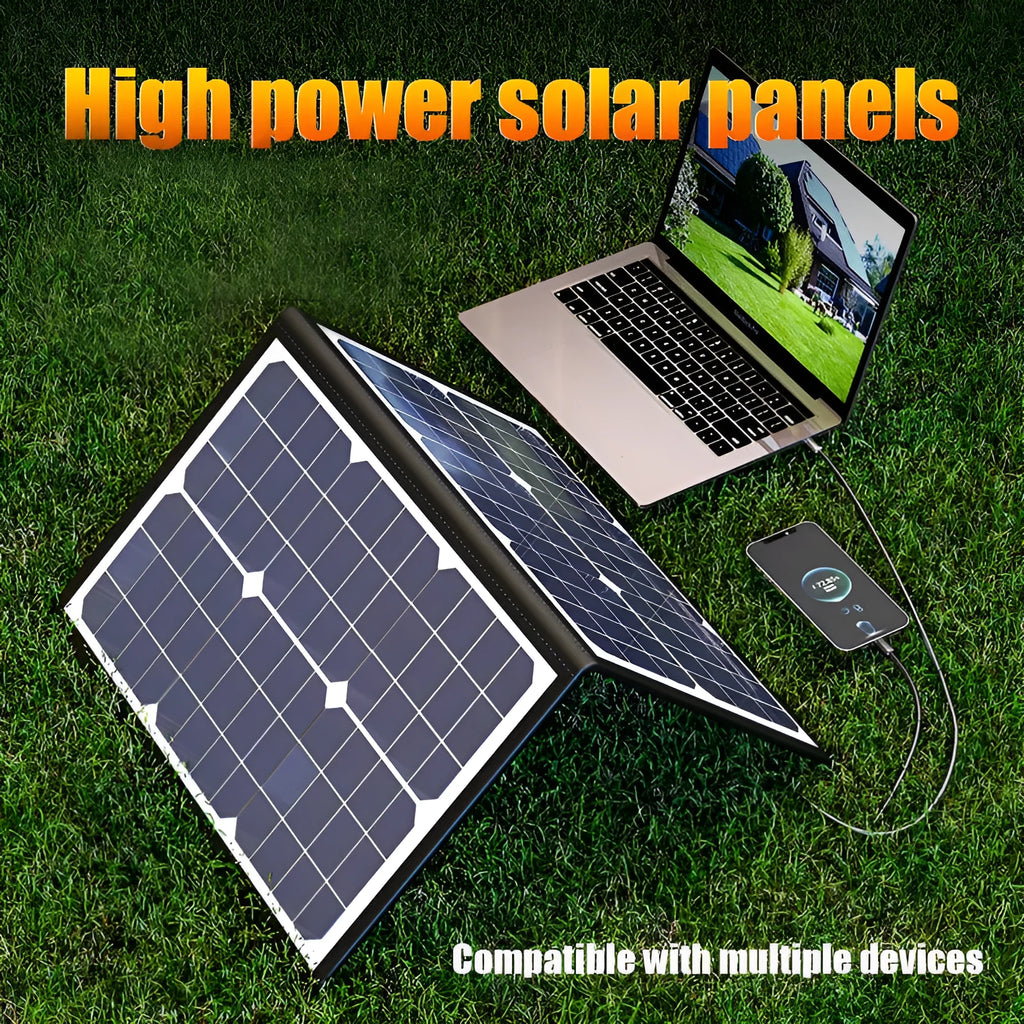 Black folding bag solar panel charger showing 40W monocrystalline design for outdoor use