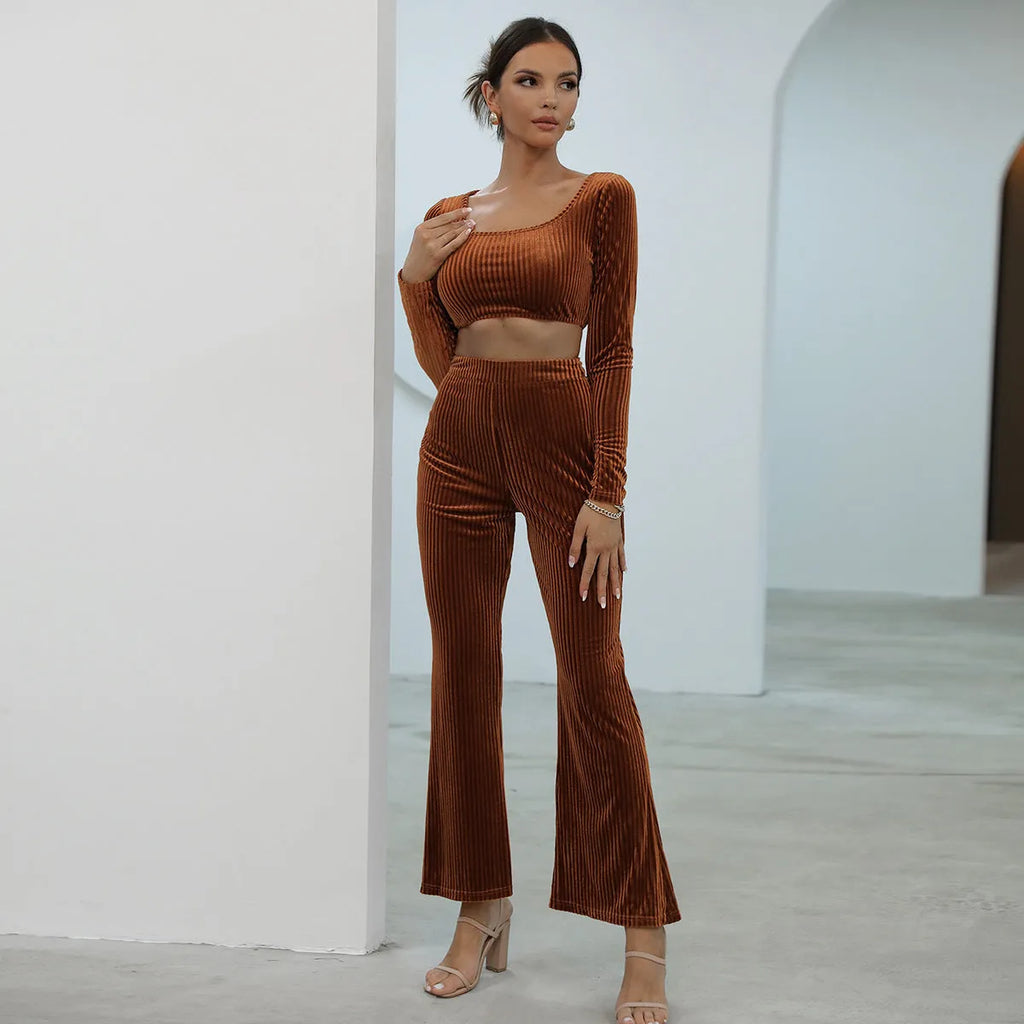 Caramel coloured long sleeve sweater and trousers casual set on hanger