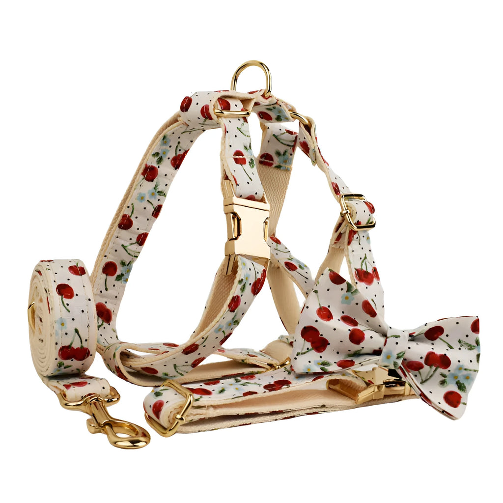 Red cherry print dog collar set with matching leash, vest, and light gold buckle