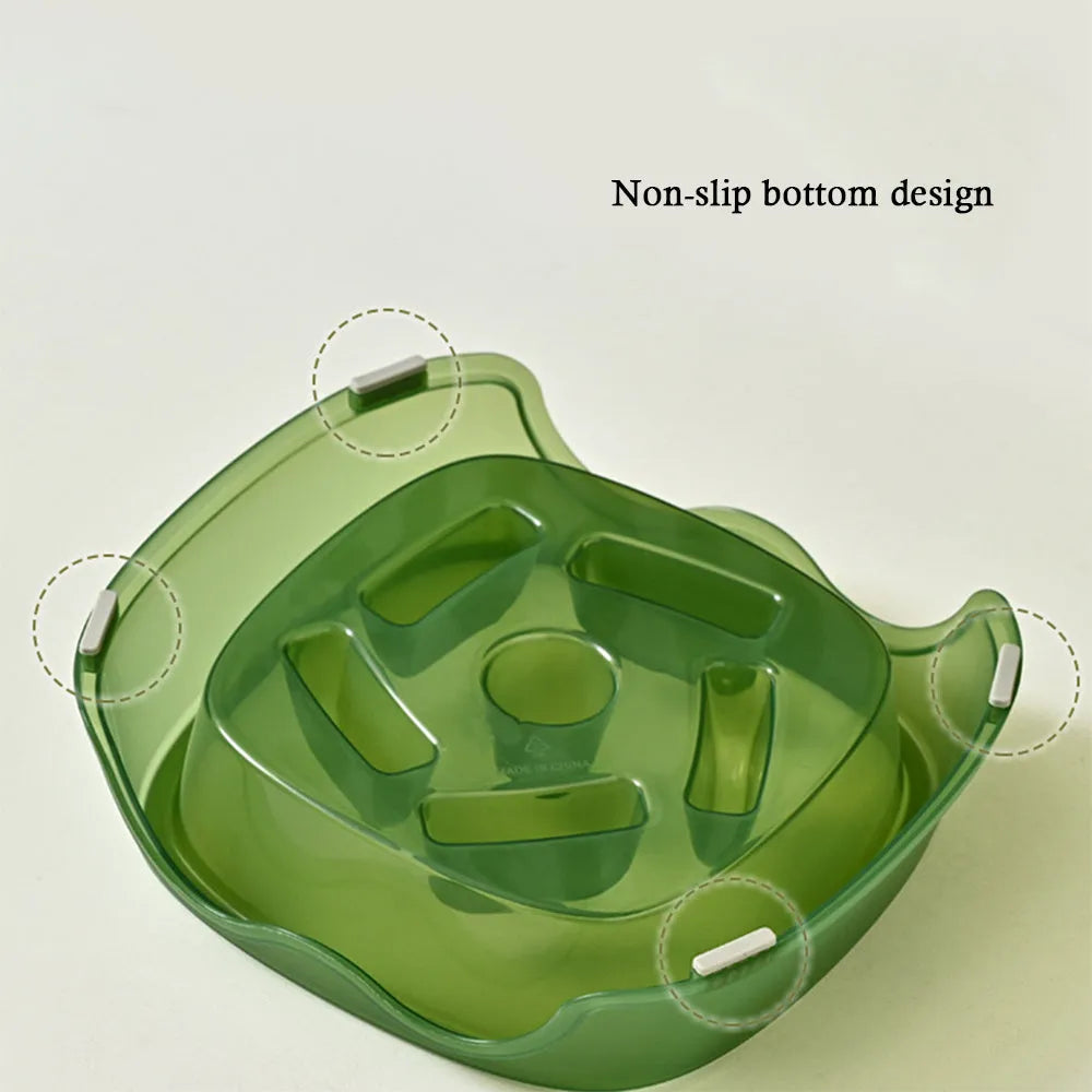 A blue plastic slow feeder dog bowl with a low 4cm profile to prevent fast eating.