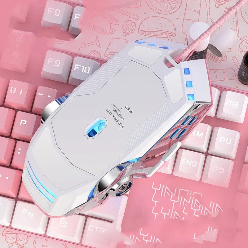 Wired gaming mouse with seven buttons, USB cable, and ergonomic shape on a desk