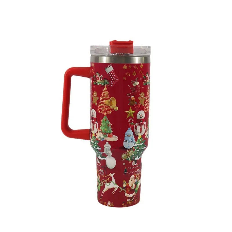 Christmas pattern stainless steel travel tumbler with handle and straw