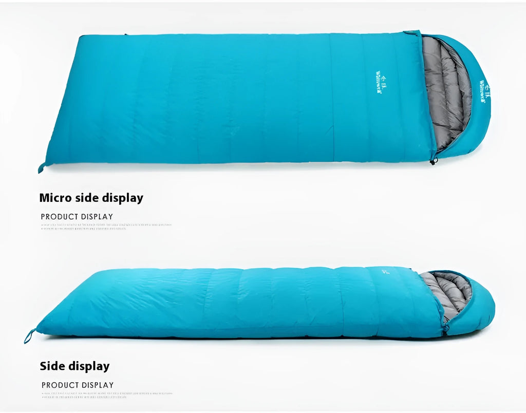 Black adult sleeping bag with white goose down fill and durable nylon shell for outdoor camping.