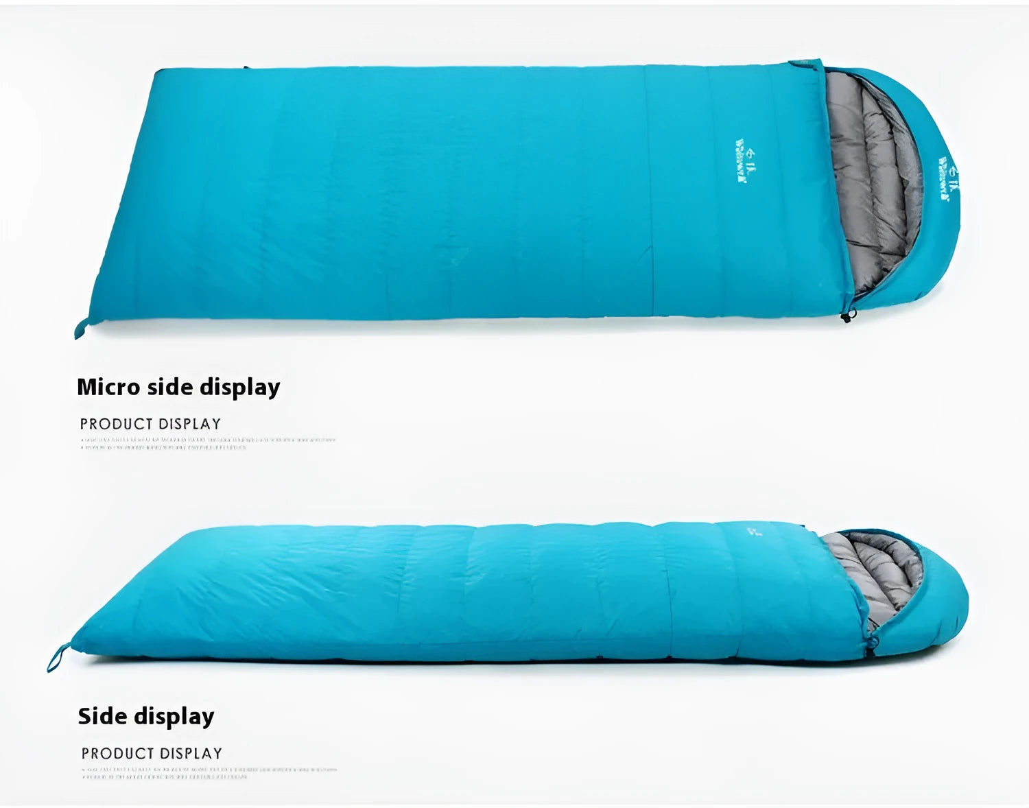 Black adult sleeping bag with white goose down fill and durable nylon shell for outdoor camping.