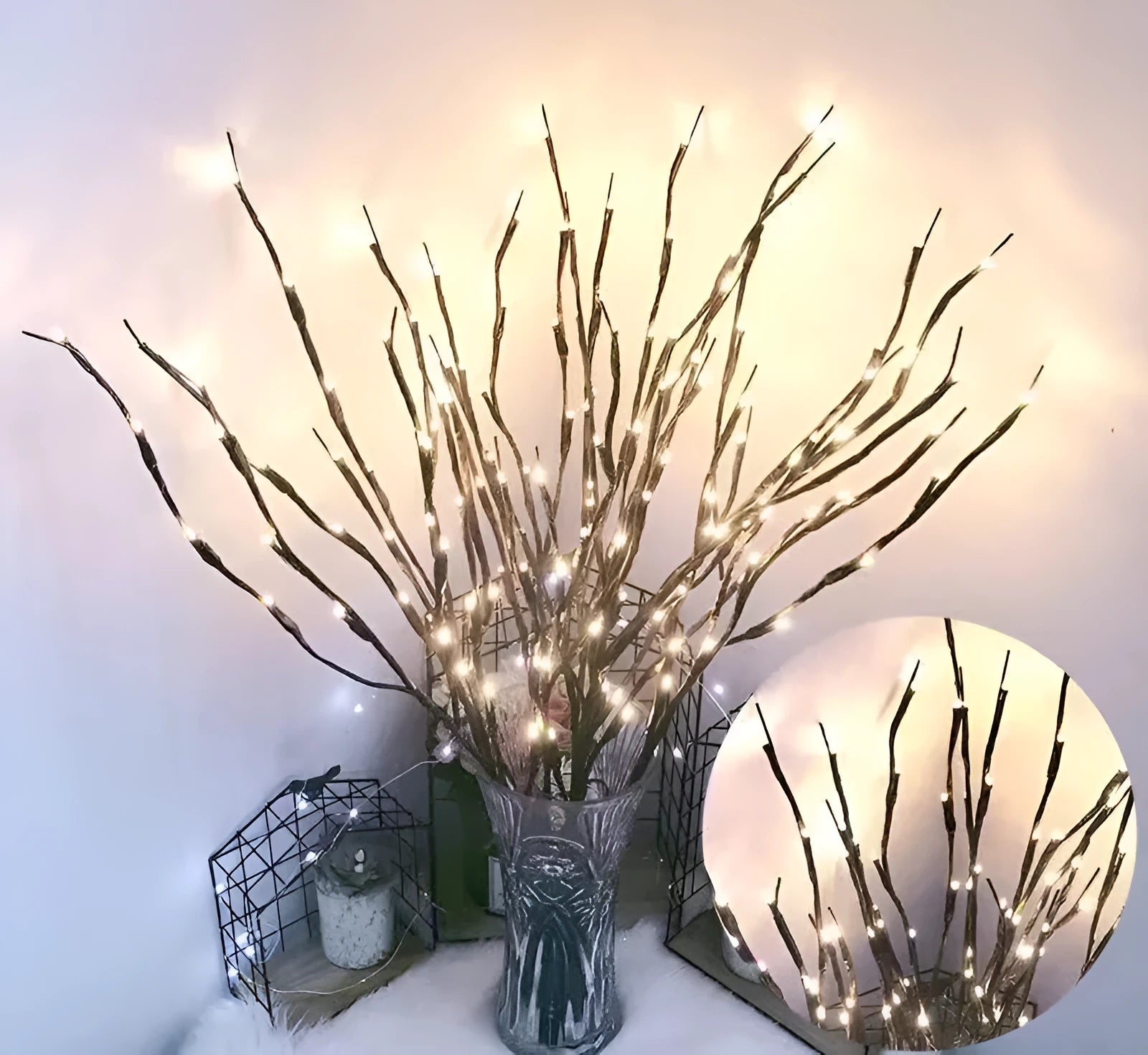 LED simulation branch tree light in 10cm vase base with colourful silver branches illuminated