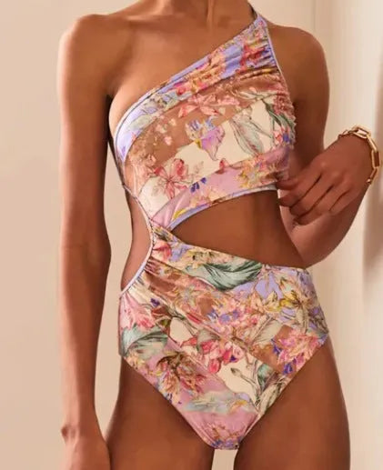 Rose gold patterned women's swimsuit made from polyester for summer swimming