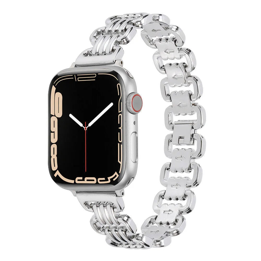 Alloy metal Apple Watch bracelet in silver, black, gold, rose gold and Starlight colours for 38mm to 49mm models.