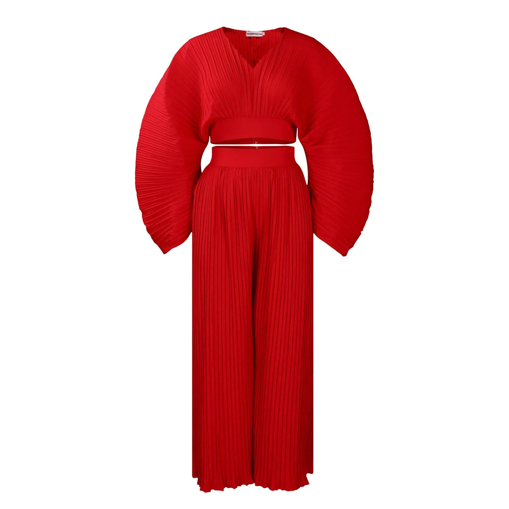 Women's African two-piece suit set with batwing sleeves and wide leg trousers in red or sapphire blue